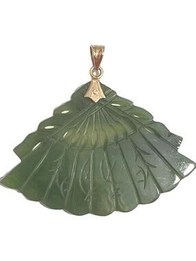 Vintage Carved  Green Jade Jadeite Oriental Fan Pendant  2 inches Long